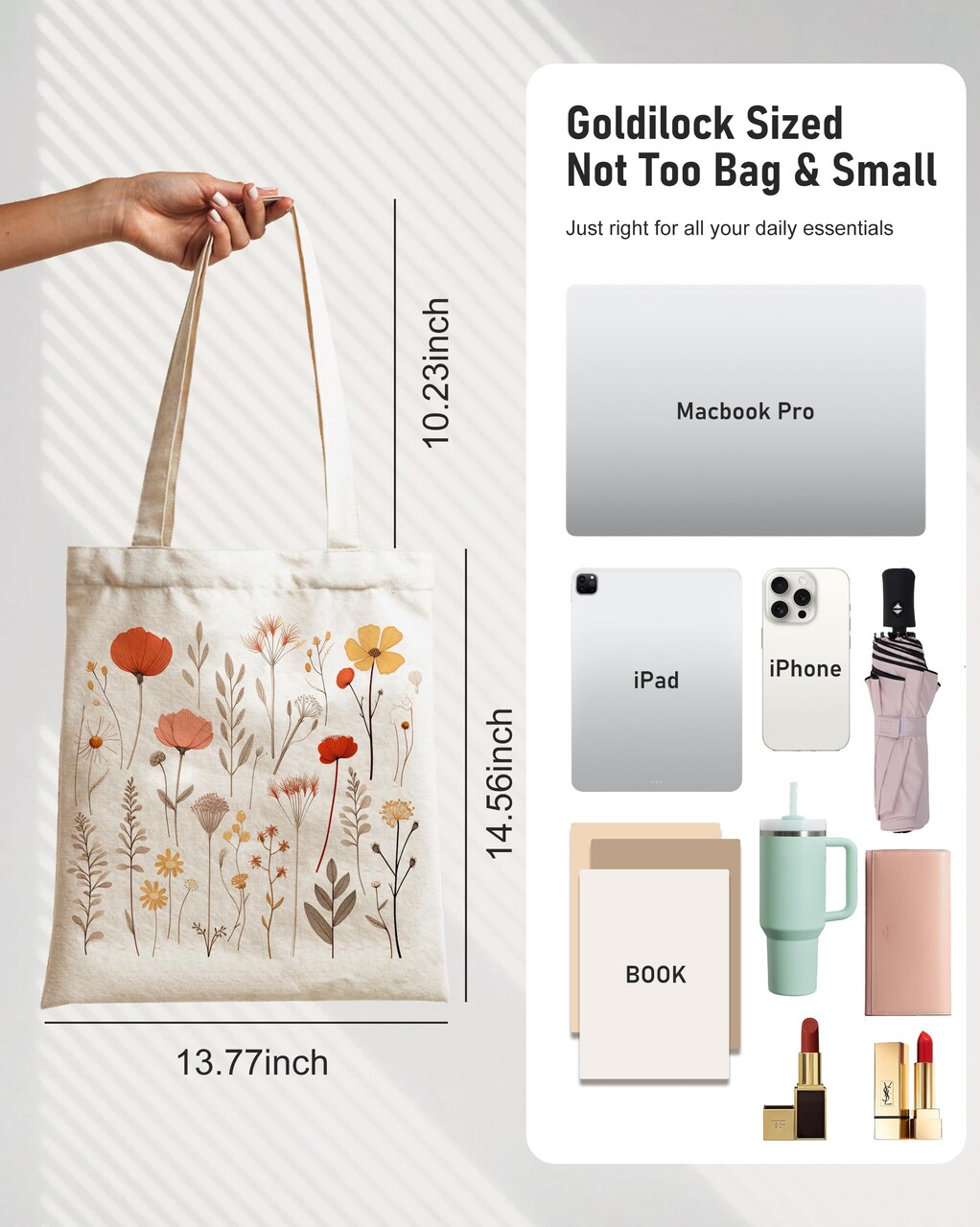 Aesthetic Canvas Tote Bag - Cottagecore Floral Tote Bag for Women with Pocket & Snap Closure, Cute Resuable Casual Flower Lovers Totebag for Shopper